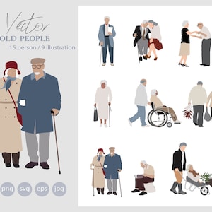 15  Flat Vector People Illustration - Elderly - Old people - Pack of 9 illustration- Ai - Eps - Svg - Png - Jpg