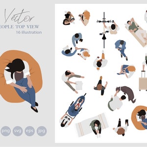 16 Flat Vector People  - Top view   - Pack of 19 Illustration - AI - Png - Jpg - Eps - SVG Cutout