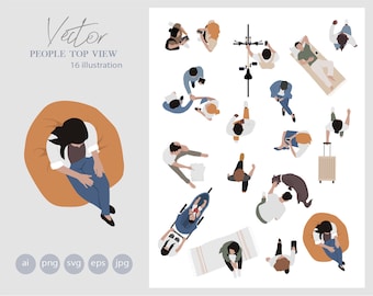 16 Flat Vector People  - Top view   - Pack of 19 Illustration - AI - Png - Jpg - Eps - SVG Cutout