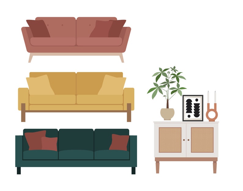 100 Flat Vector Illustration Living Room Clip Art Set Furniture ...