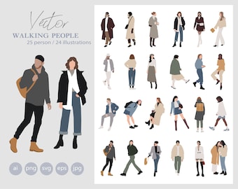 25 Flat Vector People - Walking people - Outdoor  - Pack of 24 Illustration - AI - Png - Jpg - Eps - SVG Cutout