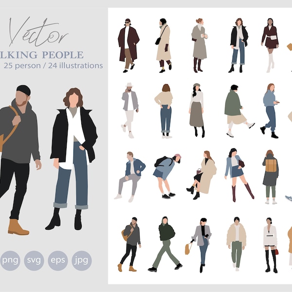 25 Flat Vector People - Walking people - Outdoor - Pack de 24 Illustration - AI - Png - Jpg - Eps - SVG Cutout