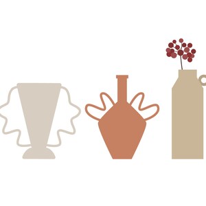 May include: Three ceramic vases in different shapes and colors. The vase on the left is a light gray with a scalloped design. The vase in the middle is a terracotta color with a rounded shape and a flared top. The vase on the right is a light beige with a simple cylindrical shape and a small loop handle.