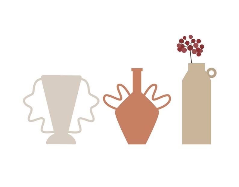 May include: Three ceramic vases in different shapes and colors. The vase on the left is a light gray with a scalloped design. The vase in the middle is a terracotta color with a rounded shape and a flared top. The vase on the right is a light beige with a simple cylindrical shape and a small loop handle.