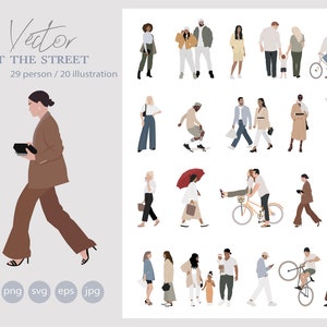 29 Flat Vector People - Walking people - Outdoor  - Pack of 20 Illustration - AI - Png - Jpg - Eps - SVG Cutout