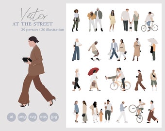 29 Flat Vector People - Walking people - Outdoor  - Pack of 20 Illustration - AI - Png - Jpg - Eps - SVG Cutout