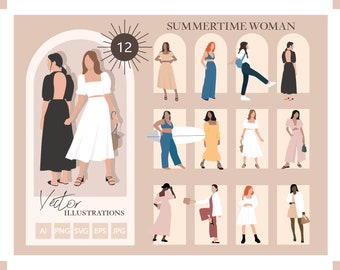 12 Flat Vector People - Summertime women - Pack of 12 Illustration - AI - Png - Jpg - Eps - SVG Cutout