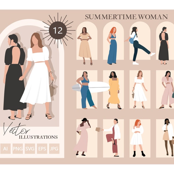 12 Flat Vector People - Summertime women - Pack of 12 Illustration - AI - Png - Jpg - Eps - SVG Cutout