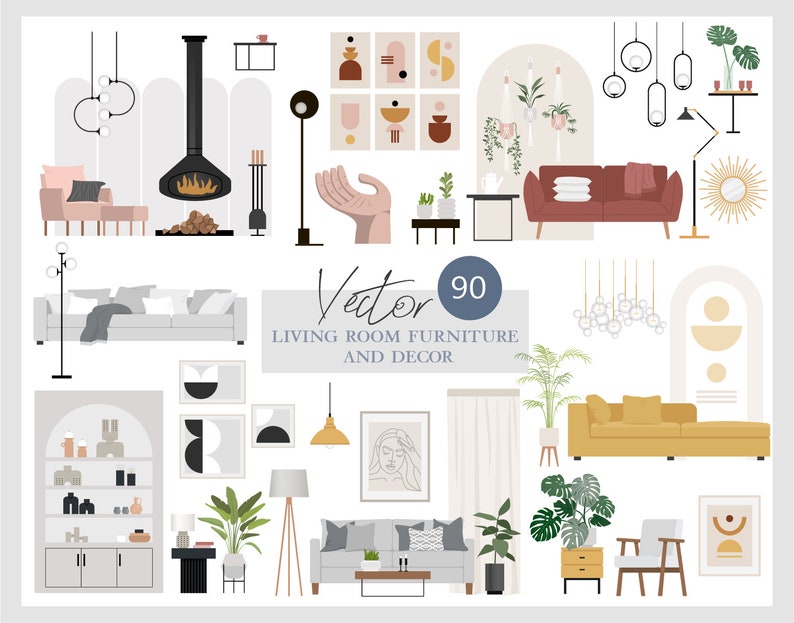 460 Flat vector illustration Furniture and decor elements Bedroom Living room Bathroom Kitchen Hallway AI Png Svg 画像 2