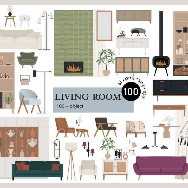 100+ Flat vector illustration - Living room Clip Art Set - Furniture interior decor elements - AI -  Png -  Svg - Eps