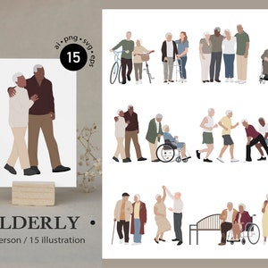 15 Flat Vector People Illustration AI - Old People - Elderly Faceless Clipart- AI - png - svg - eps