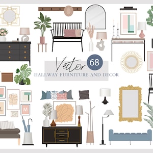 460 Flat vector illustration Furniture and decor elements Bedroom Living room Bathroom Kitchen Hallway AI Png Svg 画像 6