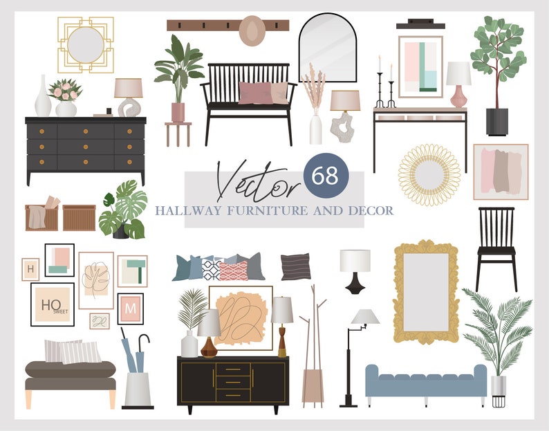 460 Flat vector illustration Furniture and decor elements Bedroom Living room Bathroom Kitchen Hallway AI Png Svg 画像 6