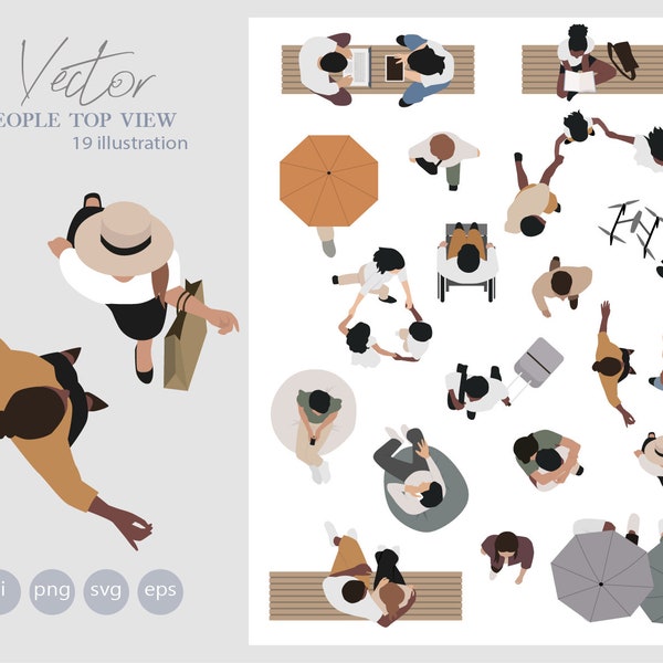 19 Flat Vector People  - Top view   - Pack of 19 Illustration - AI - Png - Eps - SVG Cutout