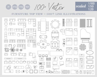 100+ Scaled 1 : 100/50/20 Line vector illustrations TOP View-Furniture elements-Bedroom-Living room-Bathroom-Kitchen-AI-Png-Svg-DWG-SketchUp