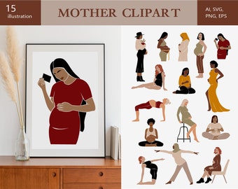 15 clipart abstrato de gravidez SVG, dia das mães, estampas abstratas de mãe, clipart de mulher, estampas de berçário, clipart de mãe, uso comercial