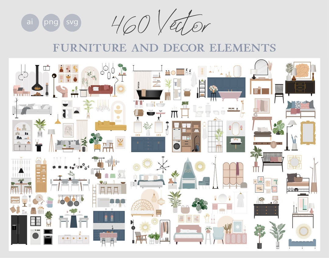 460 Flat Vector Illustration Furniture and Decor Elements Bedroom ...