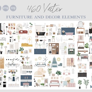 460 Flat vector illustration Furniture and decor elements Bedroom Living room Bathroom Kitchen Hallway AI Png Svg 画像 1