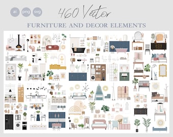 460 Flat vector illustration - Furniture and decor elements - Bedroom - Living room - Bathroom - Kitchen - Hallway - AI -  Png -  Svg
