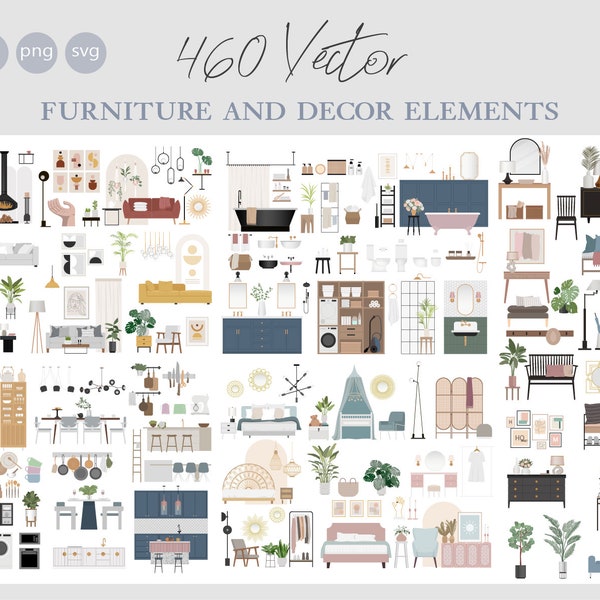 460 Flat Vector Illustration - Möbel und Dekoelemente - Schlafzimmer - Wohnzimmer - Badezimmer - Küche - Flur - AI - Png - Svg