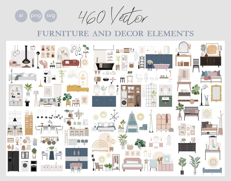 460 Flat vector illustration Furniture and decor elements Bedroom Living room Bathroom Kitchen Hallway AI Png Svg 画像 1