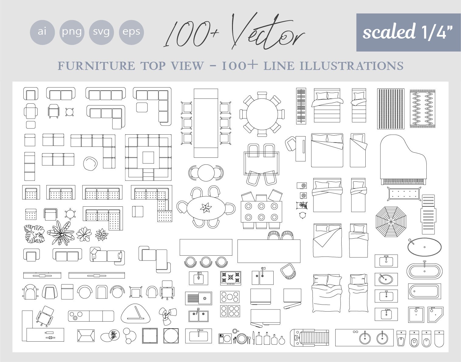 100 Scaled 1/4 Line Vector Illustrations TOP View - Etsy