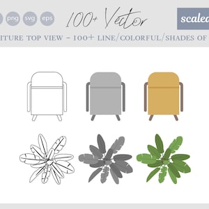 Puede incluir: Tres vistas superiores de una silla, una en contorno negro, una en gris y una en amarillo. Tres vistas superiores de una planta, una en contorno negro, una en gris y una en verde.