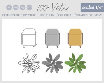 May include: Three top views of a chair, one in black outline, one in grey, and one in yellow. Three top views of a plant, one in black outline, one in grey, and one in green.