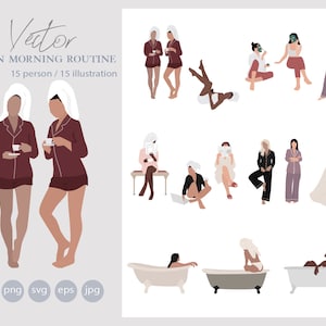 May include: A set of 15 vector illustrations depicting women in various stages of their morning routine. The illustrations feature women in pajamas, robes, and bathrobes, engaging in activities such as drinking coffee, reading, and taking a bath. The illustrations are in a minimalist style with muted colors.