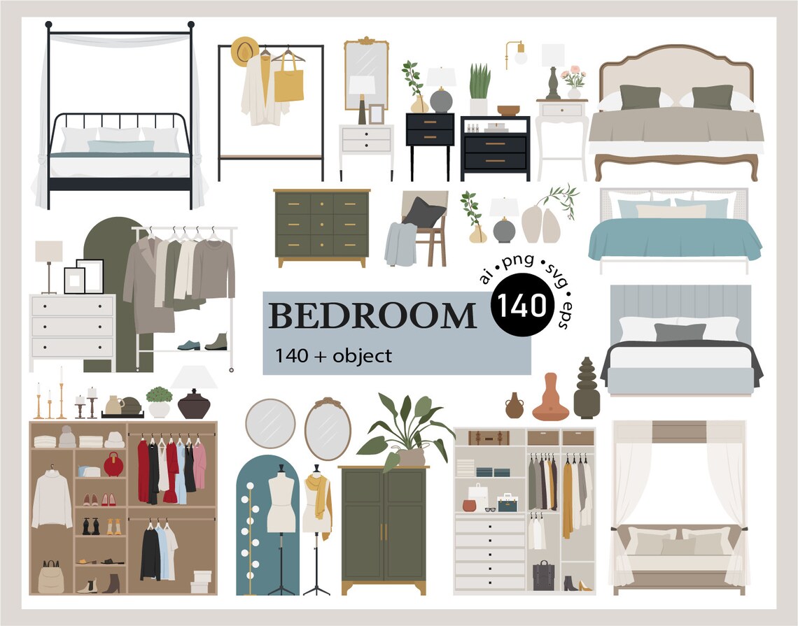 140 Flat Vector Illustration Bedroom Furniture Clip Art Set Furniture