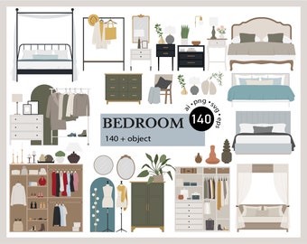 140+ Flat vector illustration - Bedroom Furniture Clip Art Set - Furniture interior decor elements - AI -  Png -  Svg - Eps