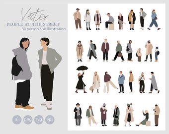 30 Flat Vector People - Walking people - Outdoor  - Pack of 30 Illustration - AI - Png - Eps - SVG Cutout