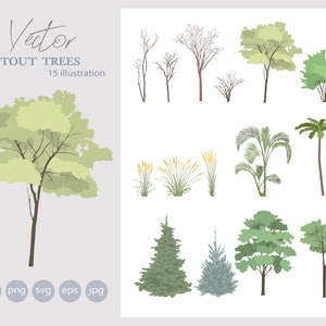 15 Set of Flat vector trees Clipart - Flat Vector Plant Illustration - AI - SVG - PNG
