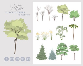 15 Set of Flat vector trees Clipart - Flat Vector Plant Illustration - AI - SVG - PNG