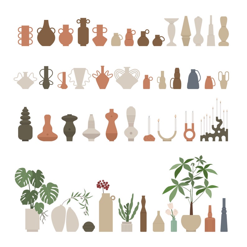 May include: A collection of various ceramic vases in different shapes, sizes, and colors. Some vases are decorated with geometric patterns, while others have a more organic look. The vases are arranged in three rows, with the top row featuring a variety of styles, the middle row featuring more modern designs, and the bottom row featuring vases with plants.