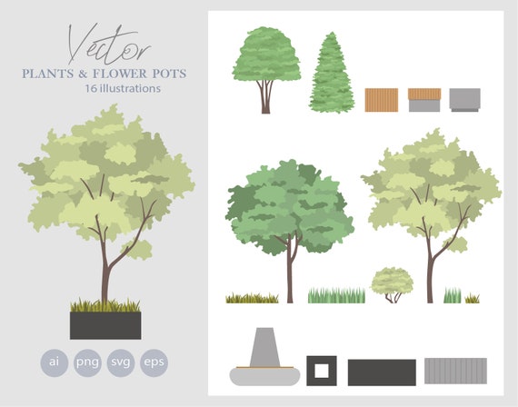 16 Set of Plants & Flower Pots Clipart - Flat Vector Plant Illustration AI - SVG - Png - EPS