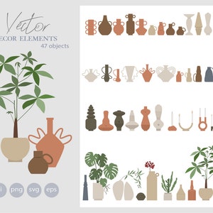 May include: A set of 47 vector illustrations of various decorative elements, including vases, plants, and candles. The illustrations are in a minimalist style with muted colours, such as beige, brown, and green.