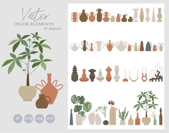 47 Flat vector decor illustrations - Vase - Candle Holder - Vase Shapes - Plants - Pottery Clipart- Furniture elements - AI - Png - Svg -Eps