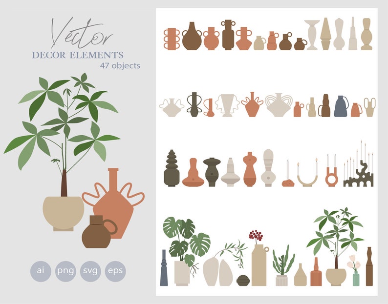May include: A set of 47 vector illustrations of various decorative elements, including vases, plants, and candles. The illustrations are in a minimalist style with muted colors, such as beige, brown, and green.