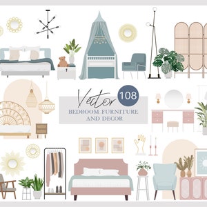 460 Flat vector illustration Furniture and decor elements Bedroom Living room Bathroom Kitchen Hallway AI Png Svg 画像 5