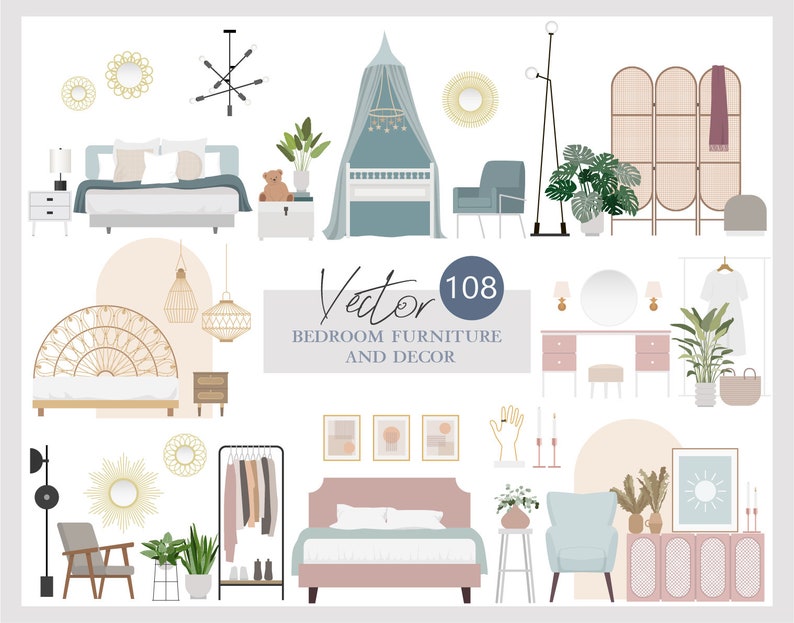 460 Flat vector illustration Furniture and decor elements Bedroom Living room Bathroom Kitchen Hallway AI Png Svg 画像 5