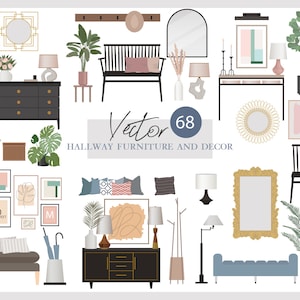 68 Flat vector illustration - Hallway Clip Art Set - Furniture interior decor elements - AI - Jpg -  Png -  Svg - Eps