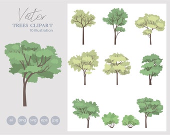 10 Set flacher Vektor Bäume Clipart - Flat Vector Plant Illustration - AI - SVG - PNG
