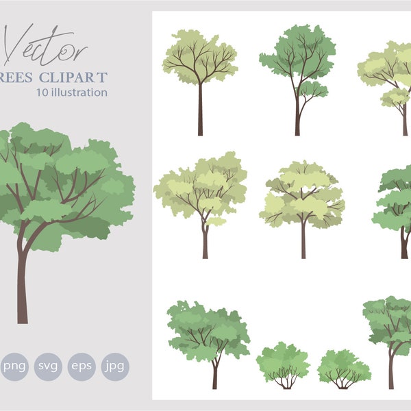 10 Set van Flat vector bomen Clipart - Flat Vector Plant Illustration - AI - SVG - PNG