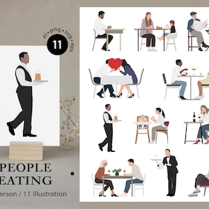 Puede incluir: Ilustración de un camarero con una bandeja, junto a varias escenas de comedor. La imagen incluye el texto "PEOPLE EATING" y "16 person / 11 illustration."