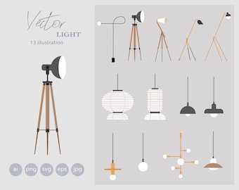 May include: A set of 13 vector illustrations of different types of lights, including floor lamps, pendant lights, and ceiling lights. The lights are in various styles, from modern to traditional. The illustrations are in a flat style and are perfect for use in design projects.