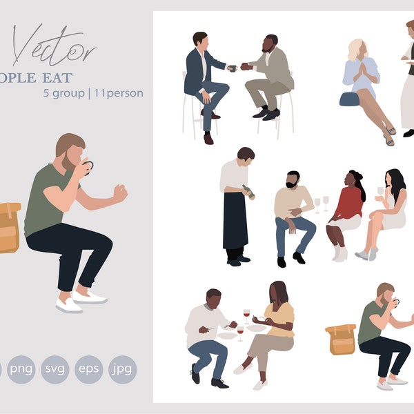 11 Flat Vector People Illustration AI - People Eat - Restaurant Indoor Outdoor - Pack of 5 group - AI - jpg - png - pdf - svg
