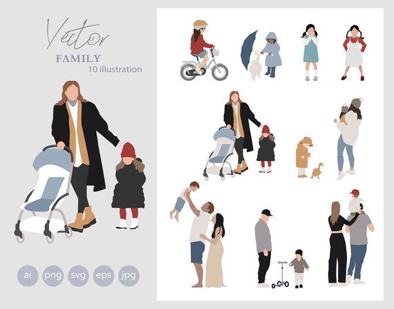 19 Flat Vector People - FAMILY outdoor - Pack of 10 Illustration - AI - jpg - png - eps - svg