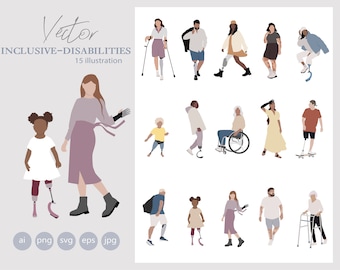 15 Flat Vector People Illustration - Inclusive - Disabilities - Ai - Eps - Svg - Png - Jpg