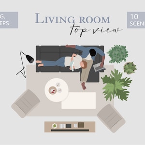 60+ Platte vectorillustratie TOP View- Meubels en decorelementen - Woonkamer - AI - Png - Svg